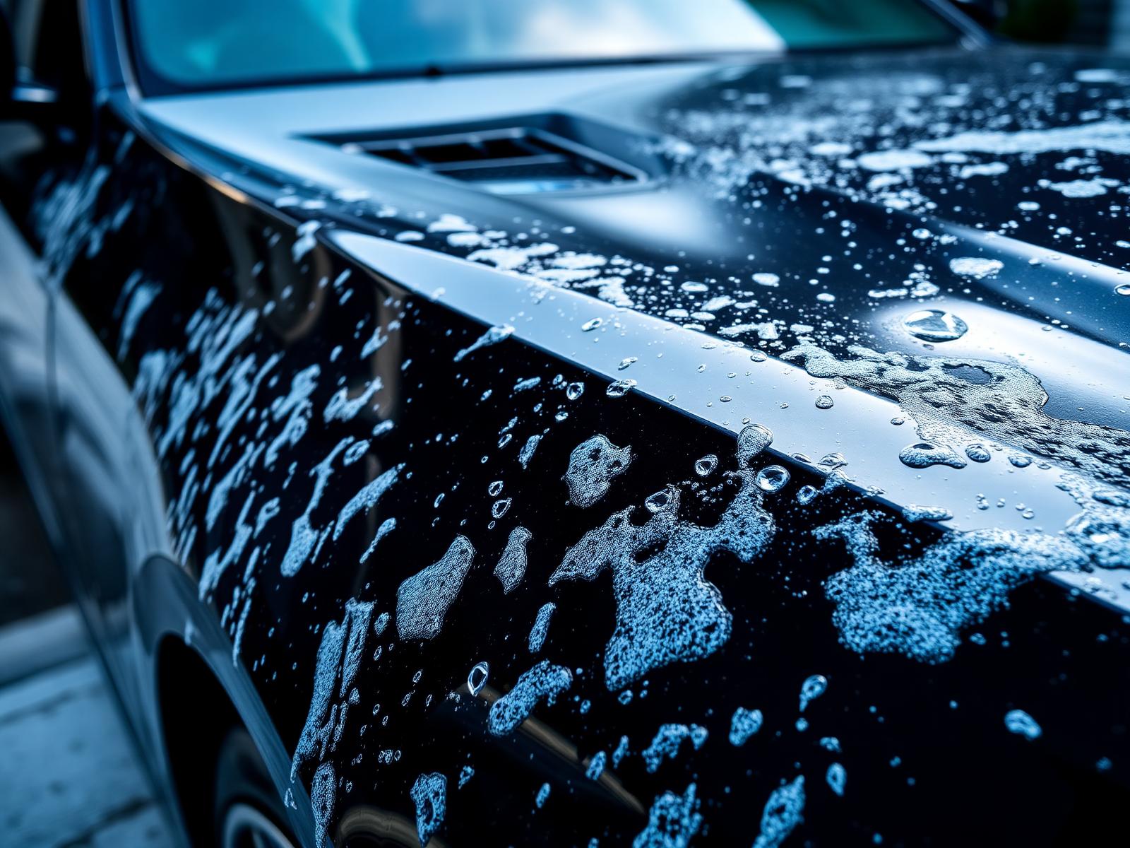 Lavado de coche a domicilio en el Vallès Oriental — carrocería con espuma y gotas de agua